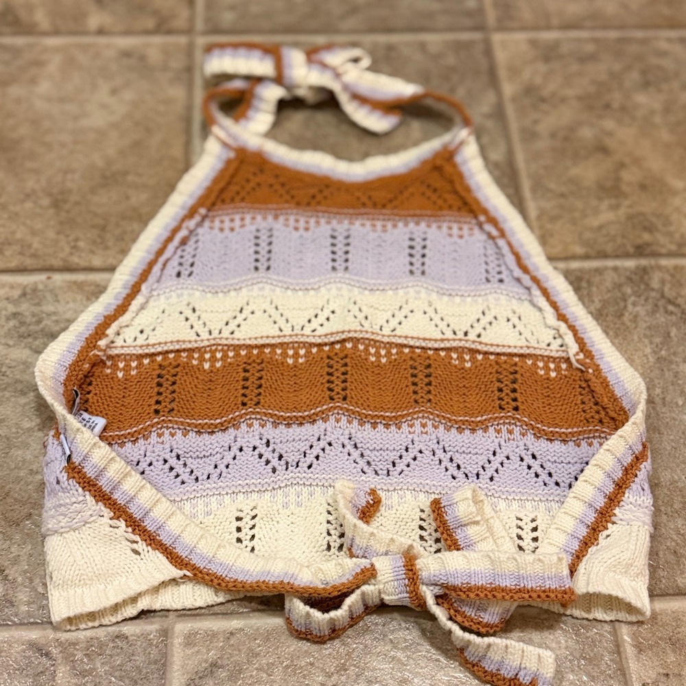 Sisstrevolution Knit Halter Top Rust Lavender Cream Striped Pointelle Boho XS - Picture 5 of 9